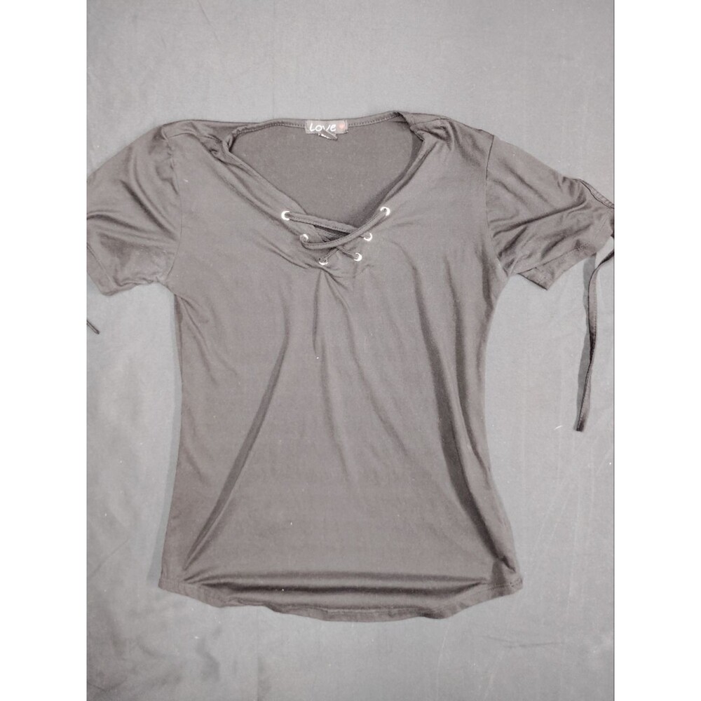 Love Women's Black Short-Sleeve Lace-Up V-Neck Tee